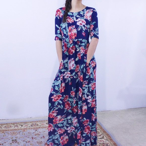 Dresses | Navy Floral Maxi Dress With Pockets | Poshmark